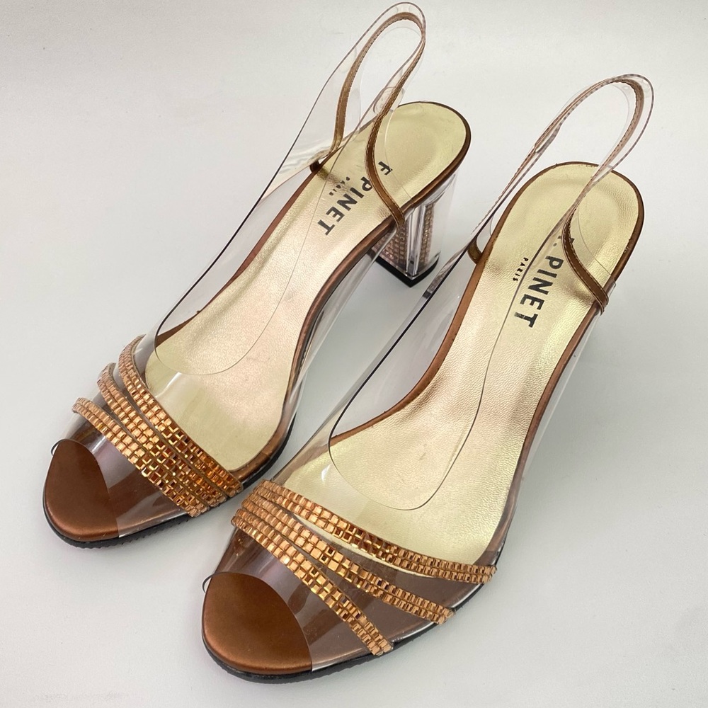 F. Pinet Paris Clear Rhinestone Slingback Peep Toe Womens Heeled Sandals Shoes 5 - Picture 12 of 16